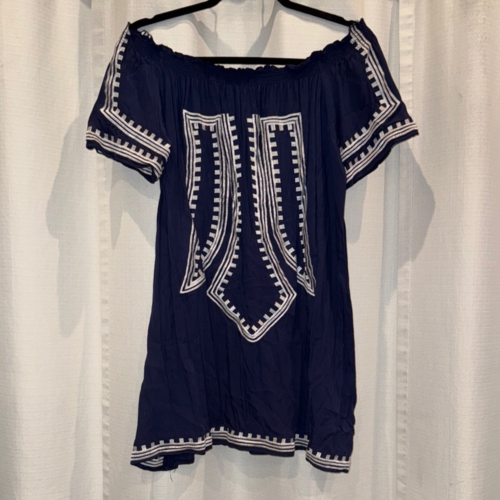 Navy & White Off-Shoulder Short Dress One Size